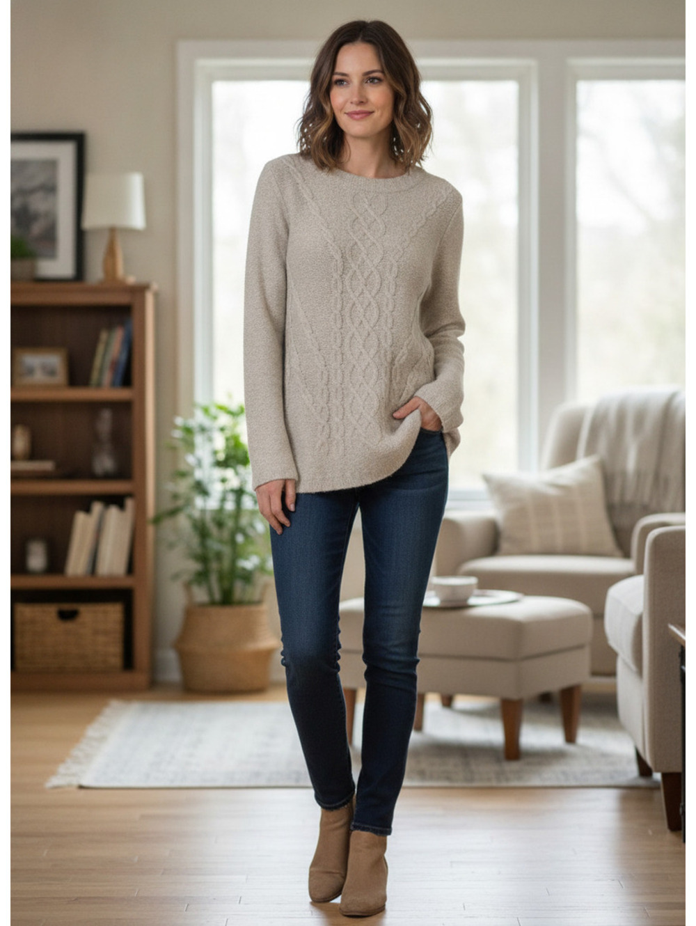 Soft Surroundings Women's M Oatmeal Cable-Knit Crew Neck Long Sleeve Sweater
